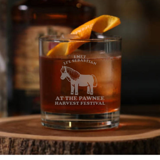Li’l Sebastian Inspired 14 oz Whiskey Glass – Laser Etched Mini Horse, Parks and Recreation Fan Gift, Rocks Tumbler - Design Bakery TX